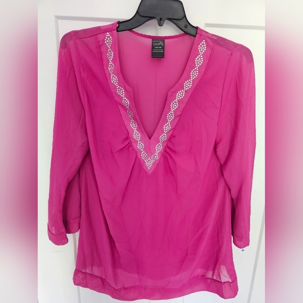 CATALINA Women 1X Tunic Beaded Swimwear Cover-up Pink Deep V Neck Bell